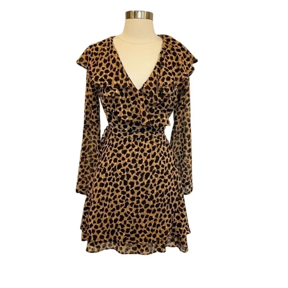 Free People Frenchie Leopard Print Georgette Mini Wrap Dress Boho Ruffle XS